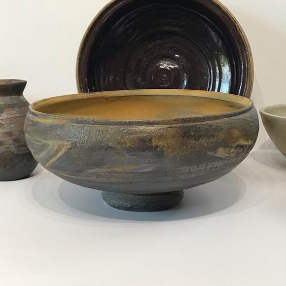 Richard Bresnahan Japanese Fired Brown Stoneware Large Bowl Raku Studio Pottery